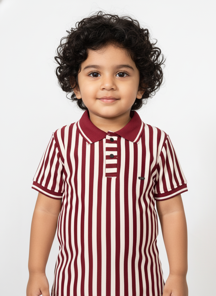 Kids Maroon & White Striped Hosiery Cotton Polo T-Shirt