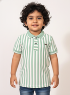 Kids Green & White Striped Hosiery Cotton Polo T-Shirt