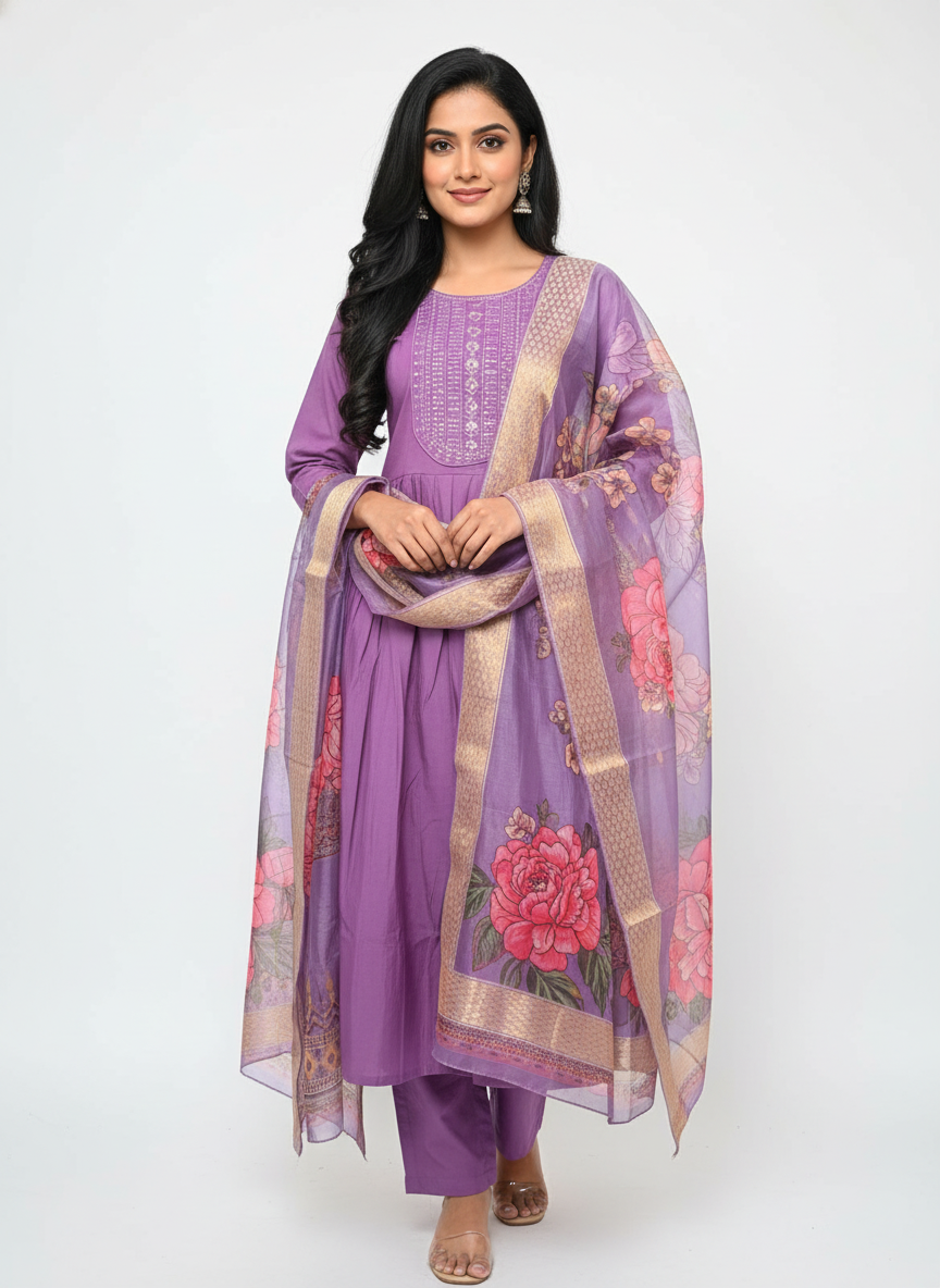 Lavender Purple Embroidered Kurta Pant Set with Floral Dupatta for Women