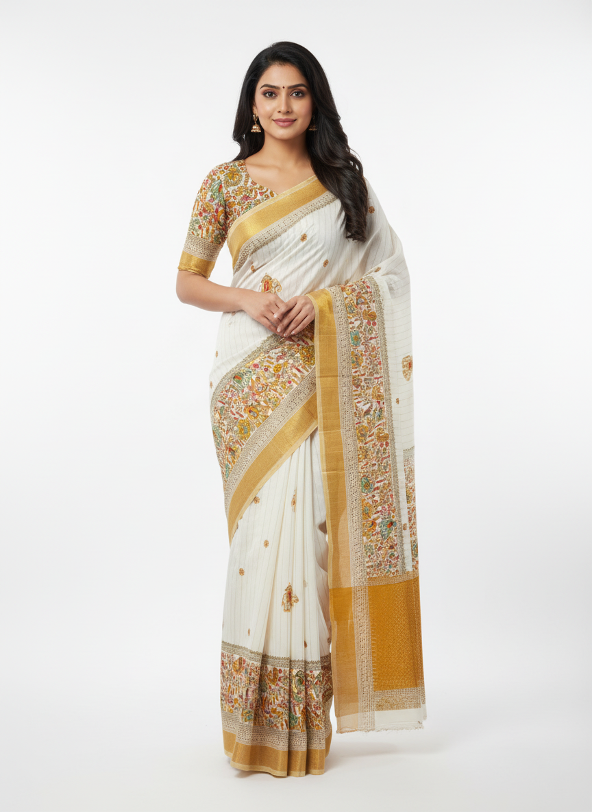 Rico Exclusive Fancy Saree with Blouse – Cream & Mustard Elephant Print