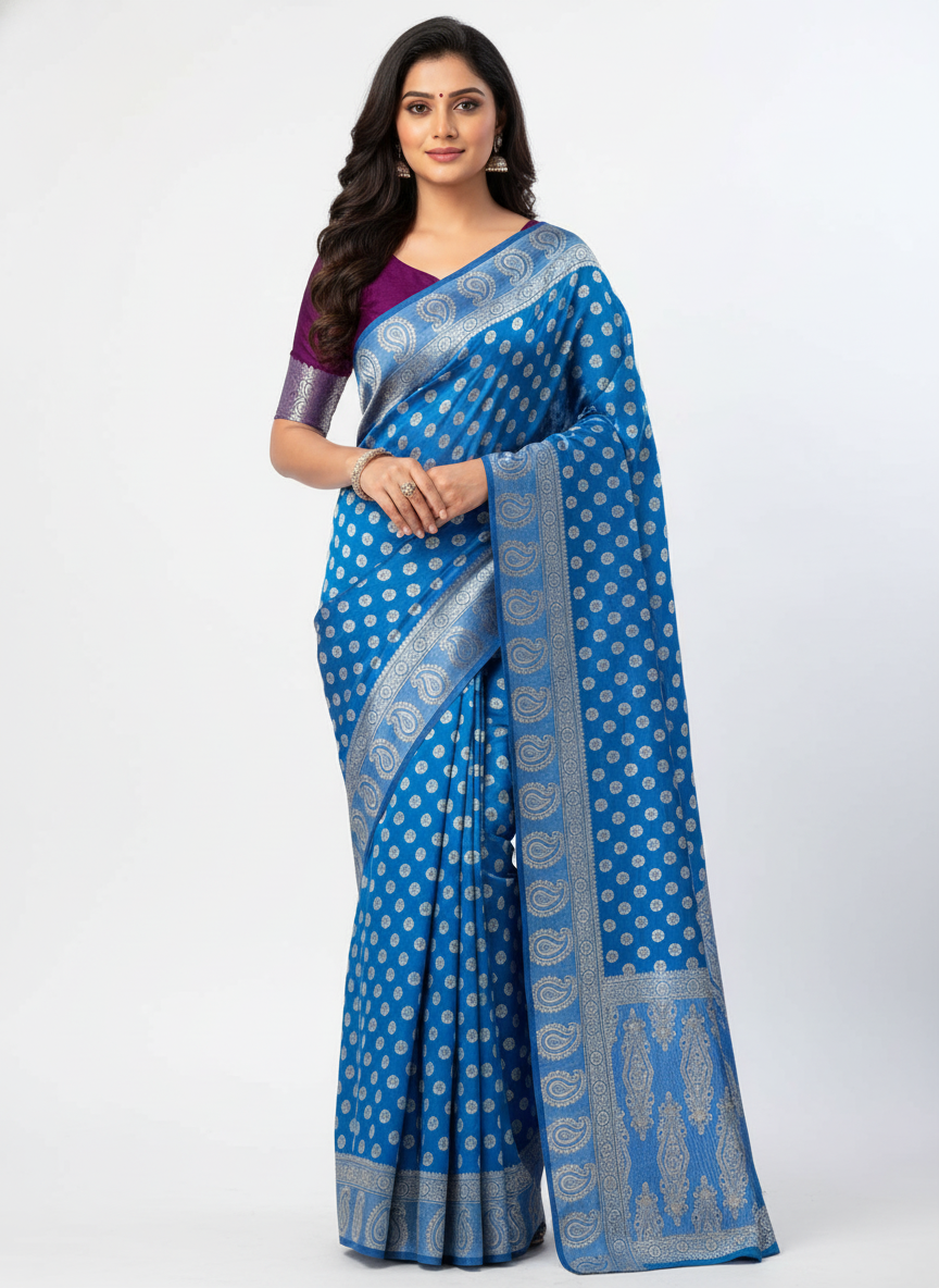 Royal Blue Woven Silk Blend Saree with Silver Polka & Paisley Border