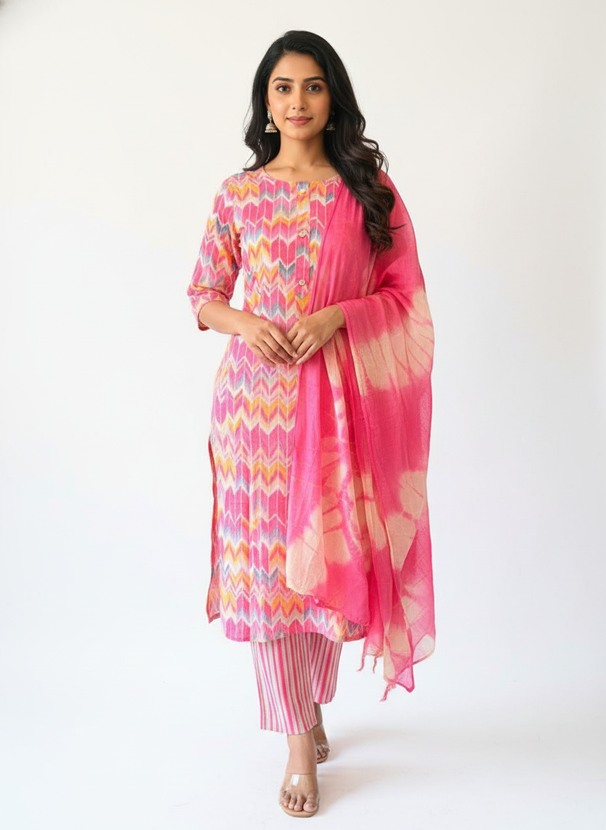 Pink Multicolor Printed Kurta Pant Set with Dupatta for Women