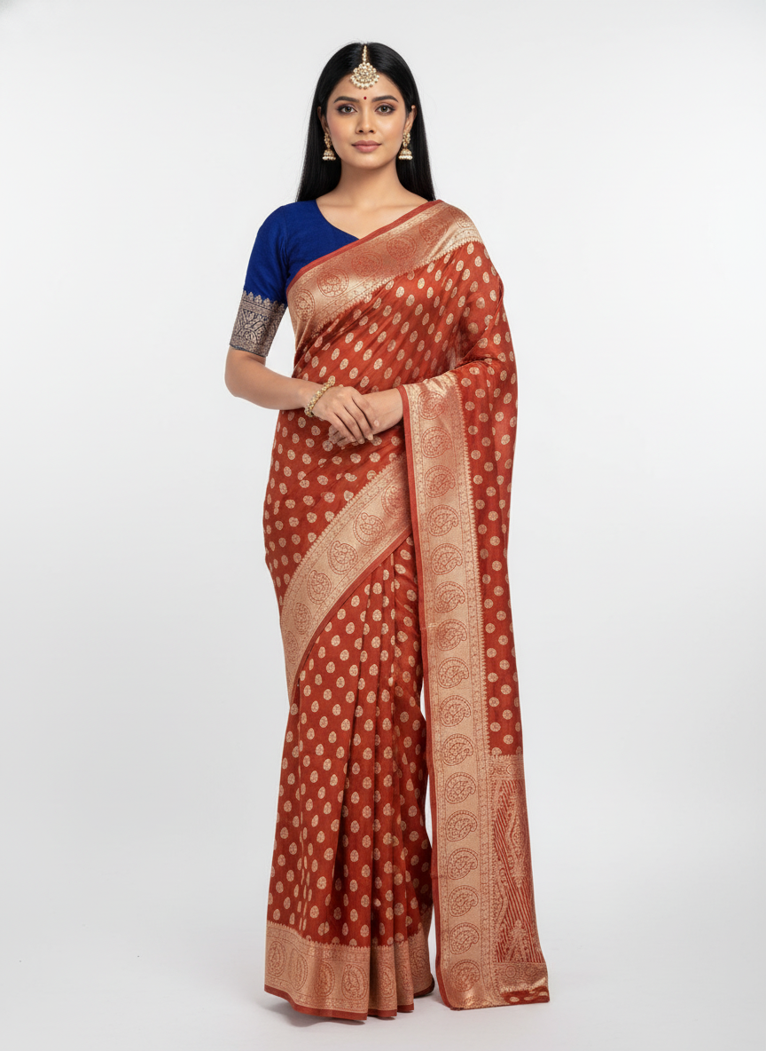 Rust Red & Gold Polka Dot Banarasi Style Silk Saree with Blouse