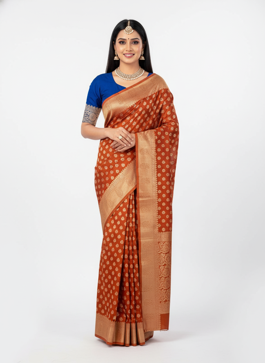 Rust Red & Gold Polka Dot Banarasi Style Silk Saree with Blouse