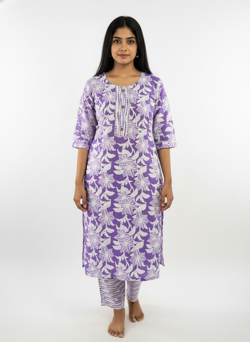 Long Cotton Kurti & Pant 2-Piece Set – Purple Light