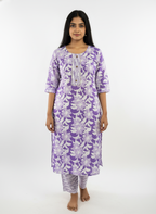 Long Cotton Kurti & Pant 2-Piece Set – Purple Light