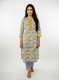 Long Cotton Kurti & Pant 2-Piece Set – Yellow & White