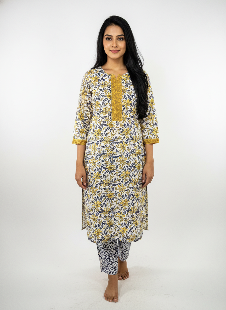 Long Cotton Kurti & Pant 2-Piece Set – Yellow & White