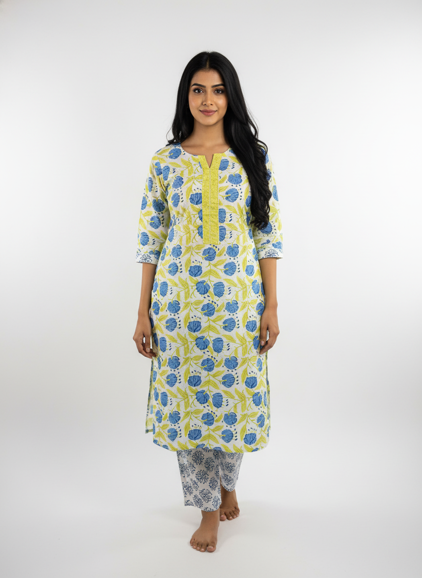 Long Cotton Kurti & Pant 2-Piece Set – Multi Color