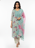 Women’s Floral Printed Straight Kurta with Matching Dupatta & Pant – Soft Pastel Green & Pink – Comfortable Daily Wear Suit Set