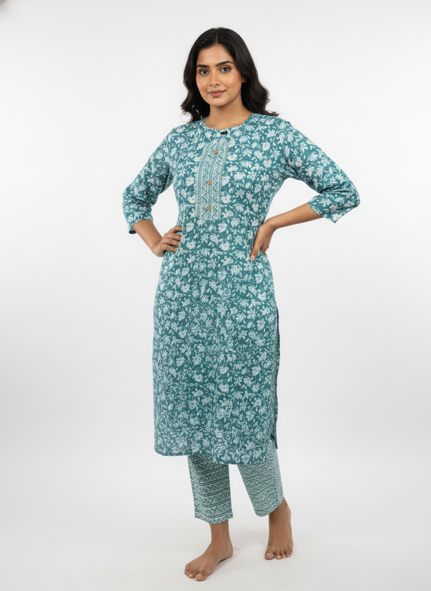 Long Cotton Kurti & Pant 2-Piece Set – Blue Color