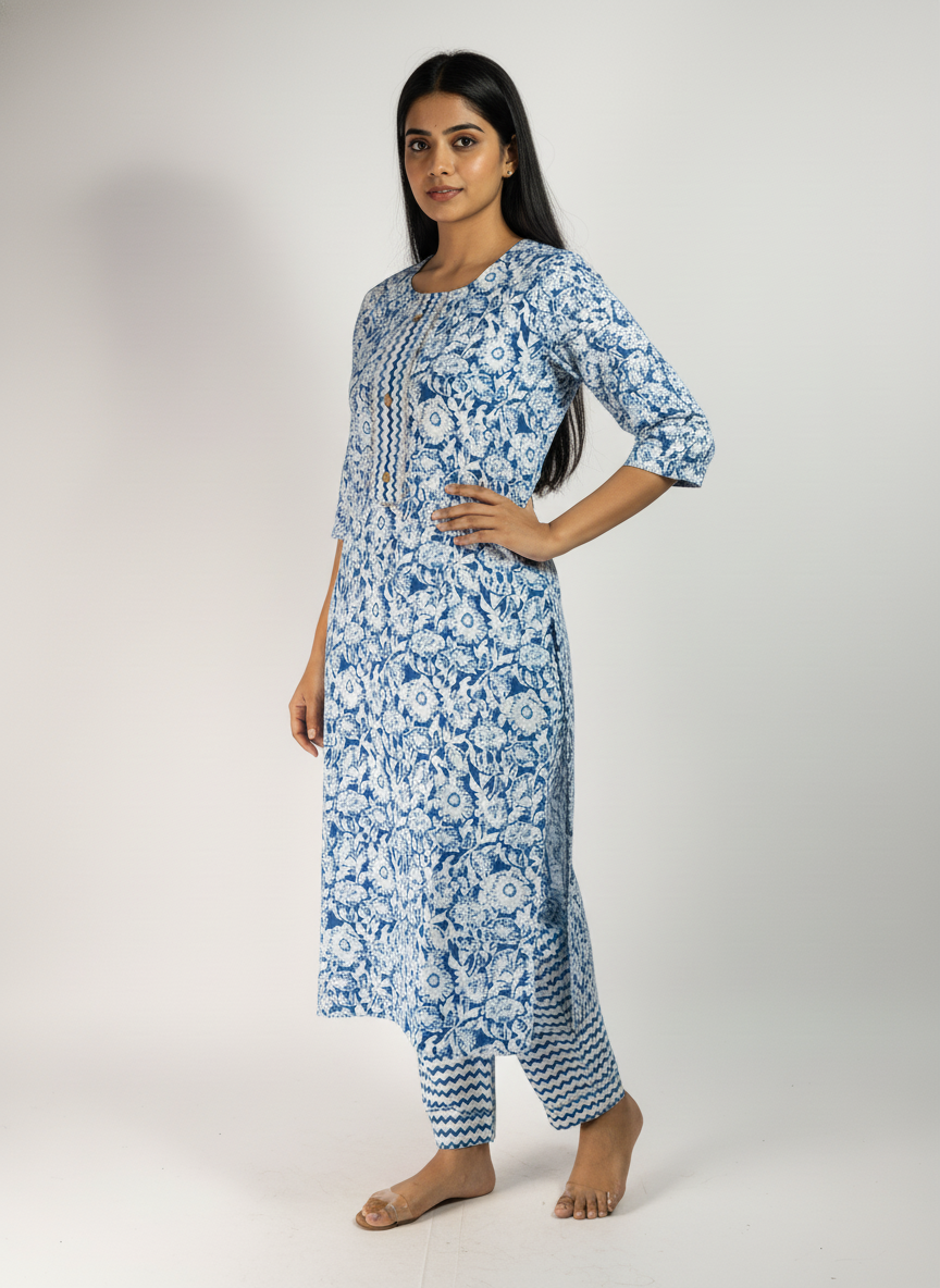 Long Cotton Kurti & Pant 2-Piece Set – Blue Color
