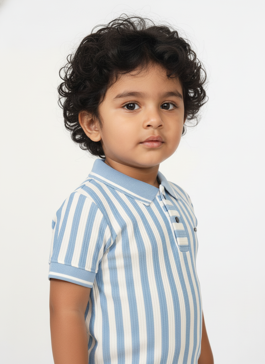 Kids Blue & White Striped Hosiery Cotton Polo T-Shirt