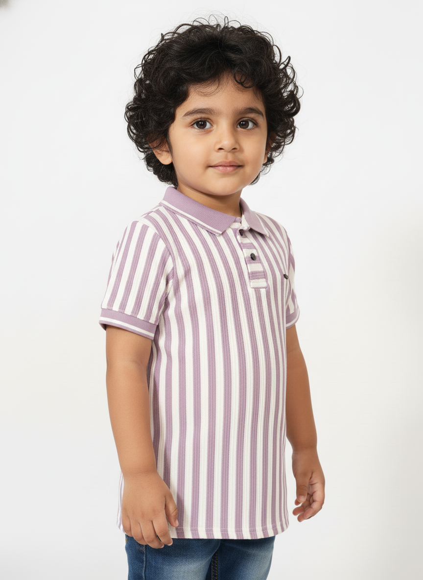 Kids Lavender & White Striped Hosiery Cotton Polo T-Shirt