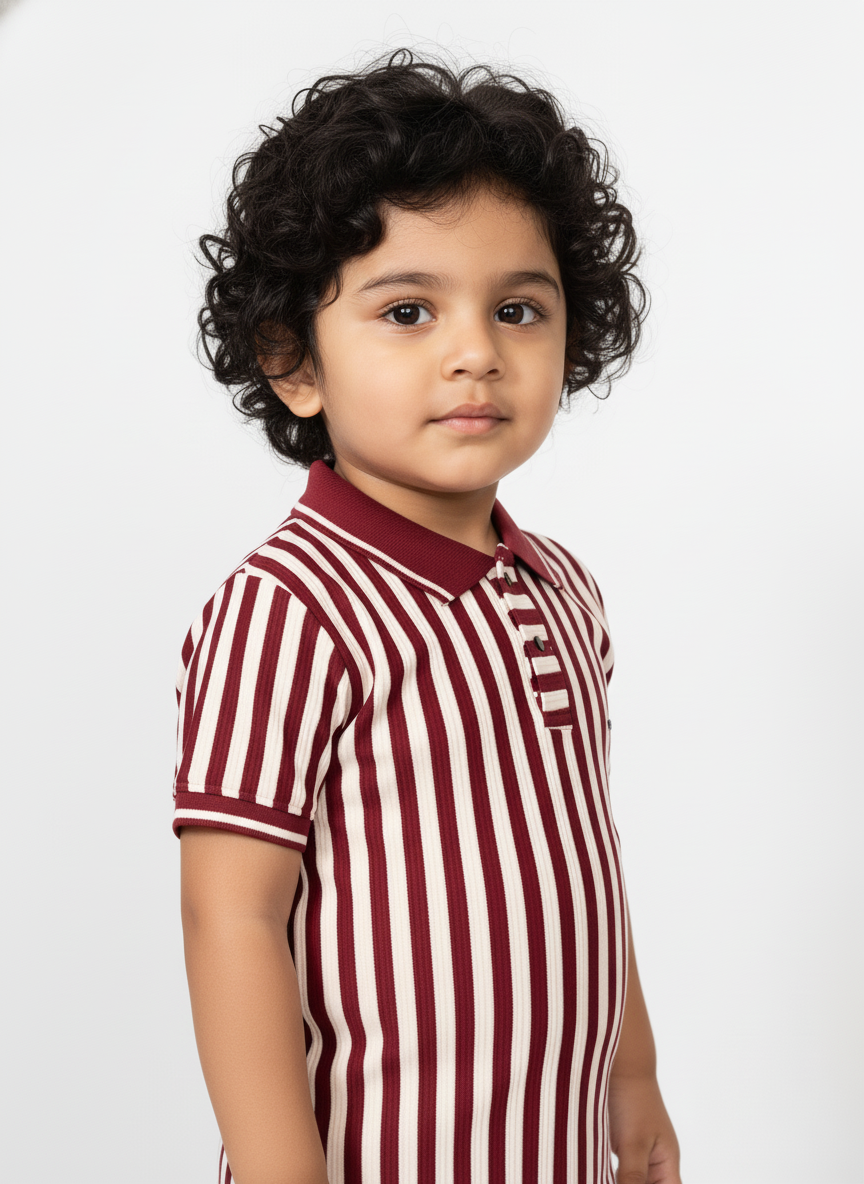 Kids Maroon & White Striped Hosiery Cotton Polo T-Shirt