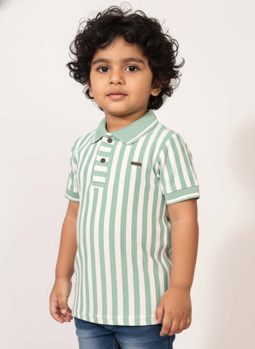 Kids Green & White Striped Hosiery Cotton Polo T-Shirt
