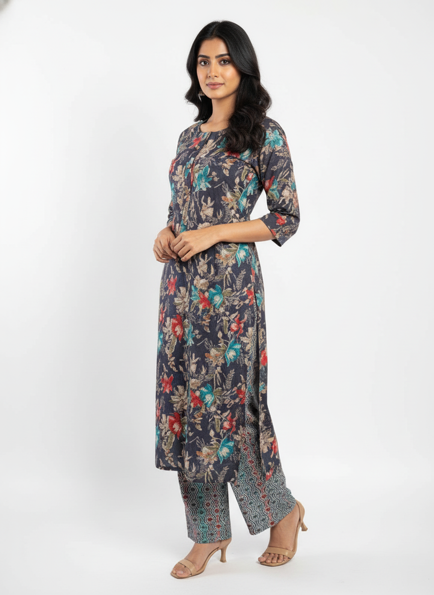 Women’s Floral Printed Kurta Pant Set with Dupatta | Navy Blue Ethnic Suit Set