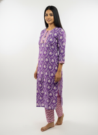 Long Cotton Kurti & Pant 2-Piece Set – Purple