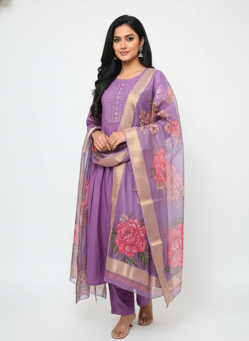 Lavender Purple Embroidered Kurta Pant Set with Floral Dupatta for Women