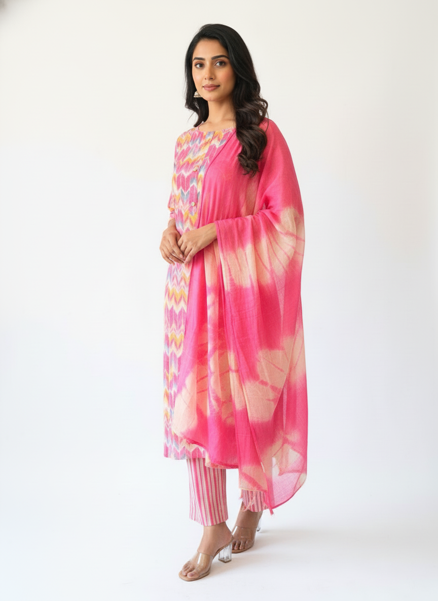 Pink Multicolor Printed Kurta Pant Set with Dupatta for Women