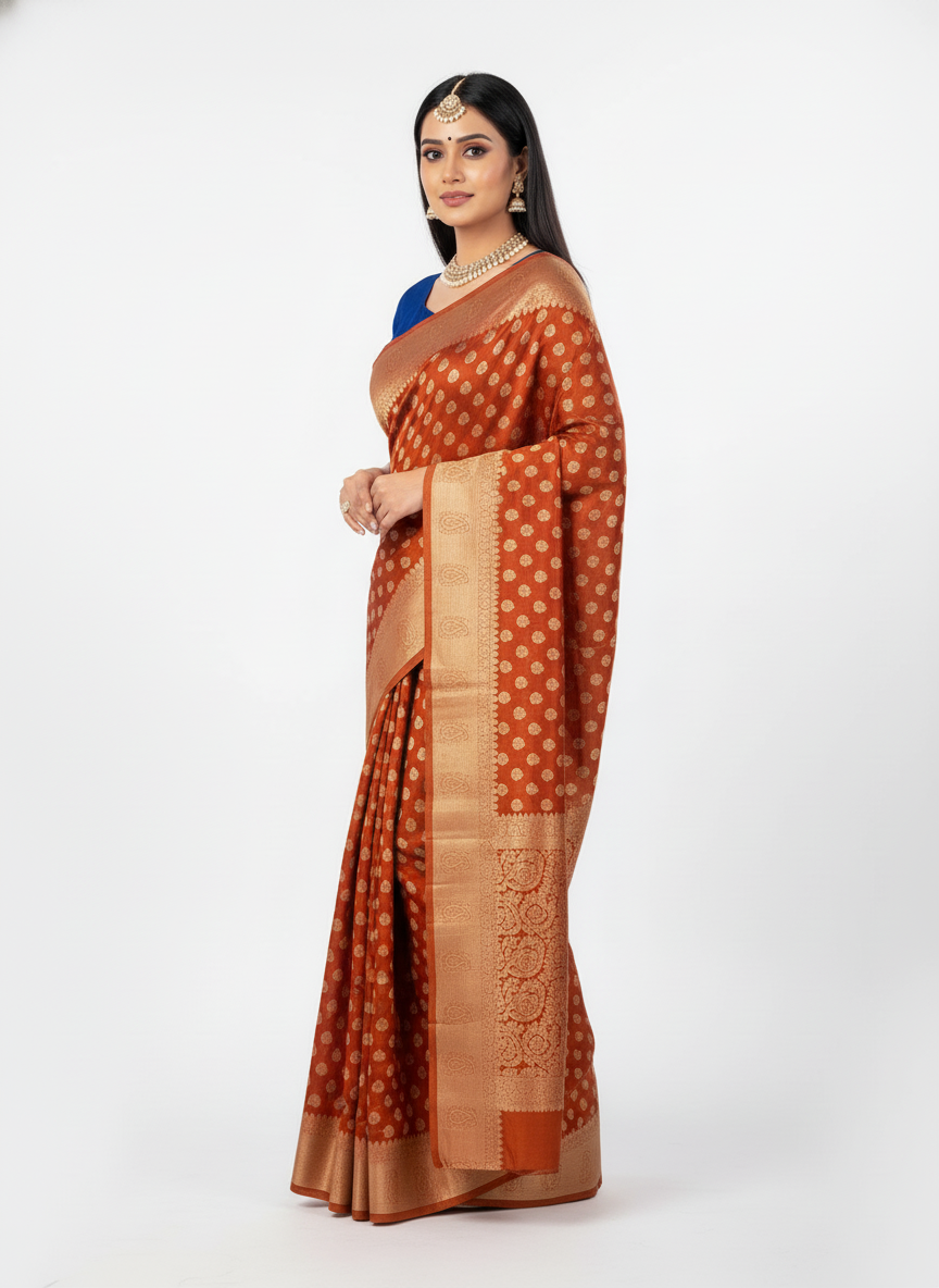 Rust Red & Gold Polka Dot Banarasi Style Silk Saree with Blouse