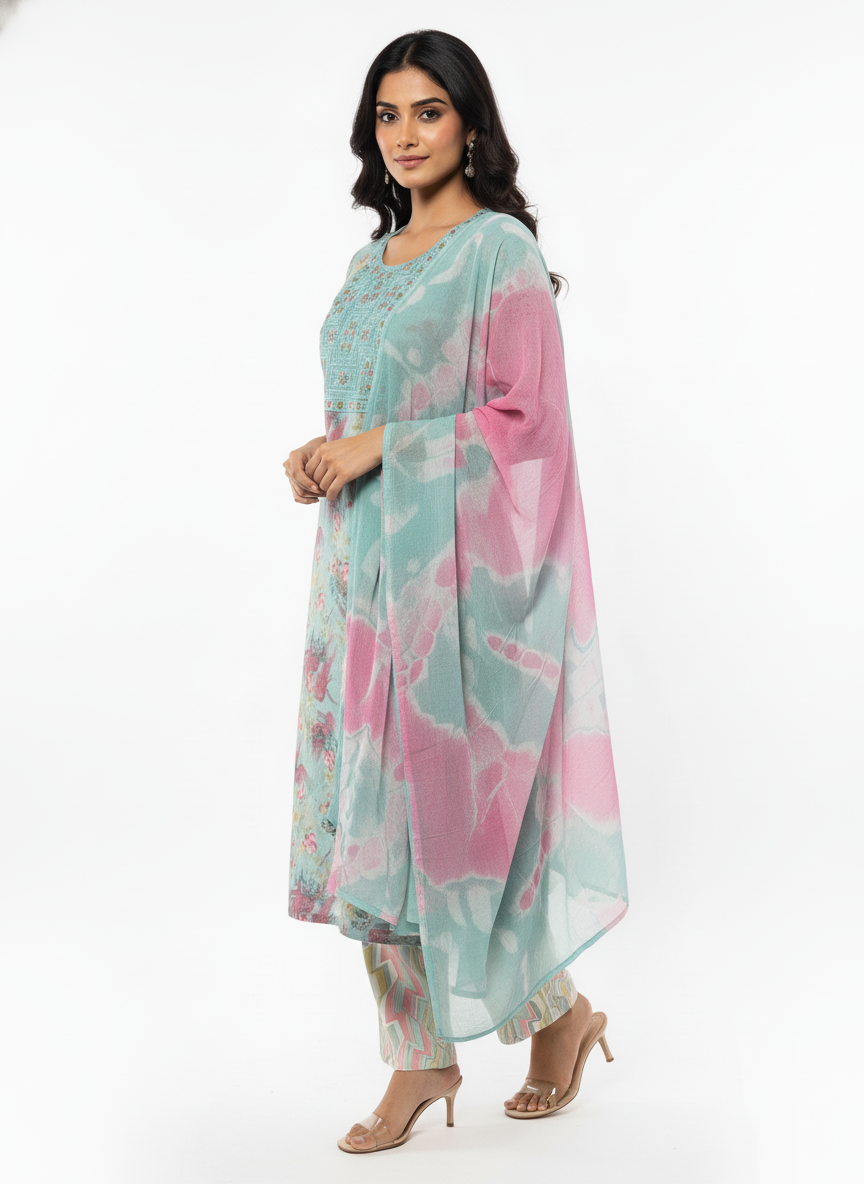 Women’s Floral Printed Straight Kurta with Matching Dupatta & Pant – Soft Pastel Green & Pink – Comfortable Daily Wear Suit Set
