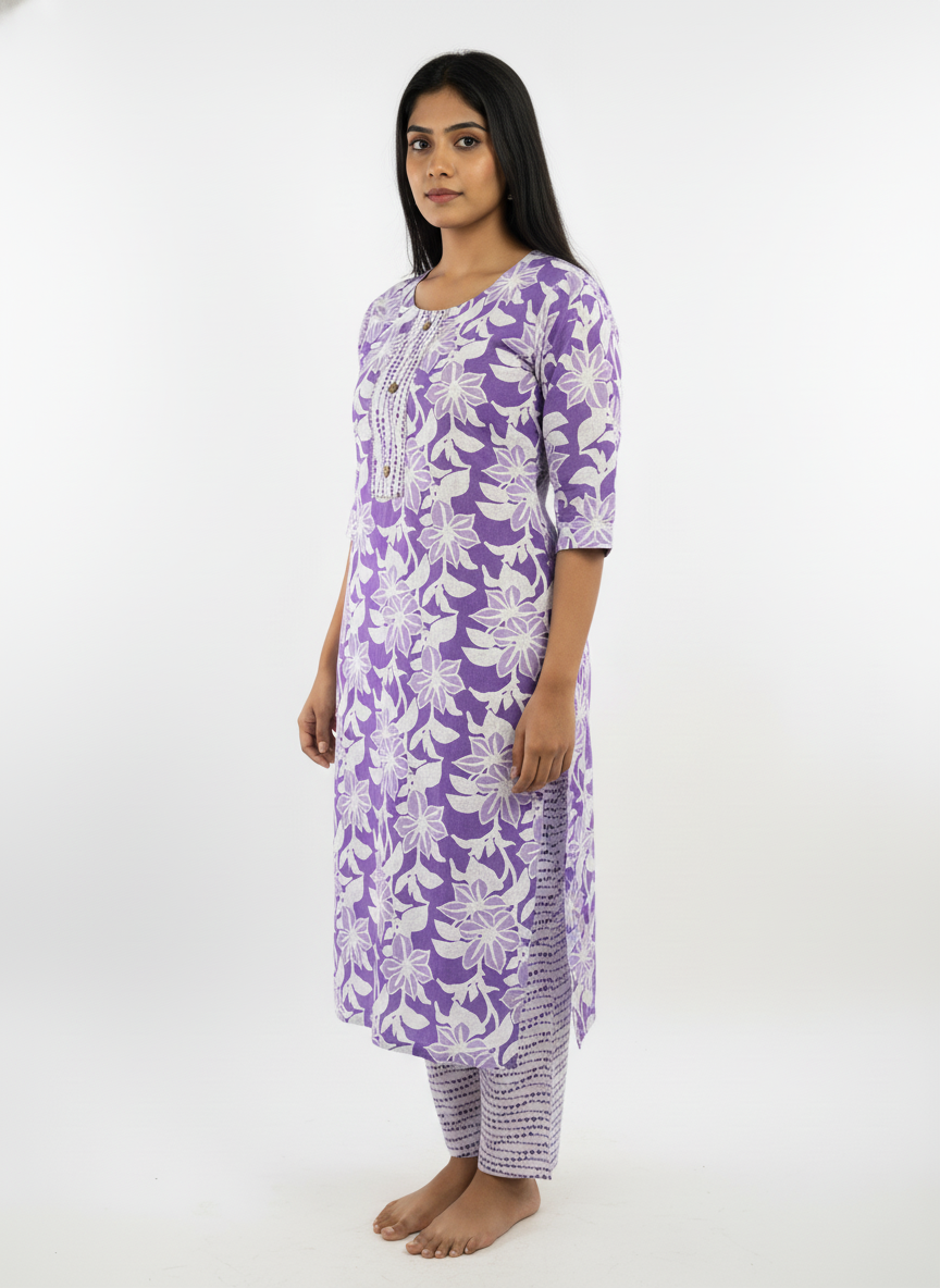 Long Cotton Kurti & Pant 2-Piece Set – Purple Light