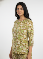 Women’s Cotton Printed Kurti & Pant Co-ord Set – Soft green flower Design | Comfortable Daily Wear Suit Set