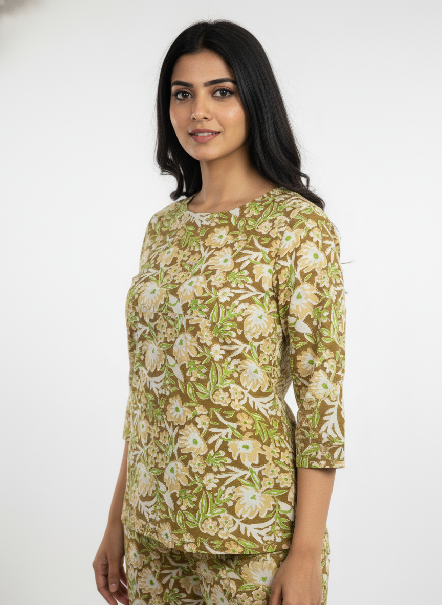 Women’s Cotton Printed Kurti & Pant Co-ord Set – Soft green flower Design | Comfortable Daily Wear Suit Set