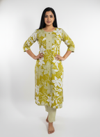 Long Cotton Kurti & Pant 2-Piece Set – Mehndi Color