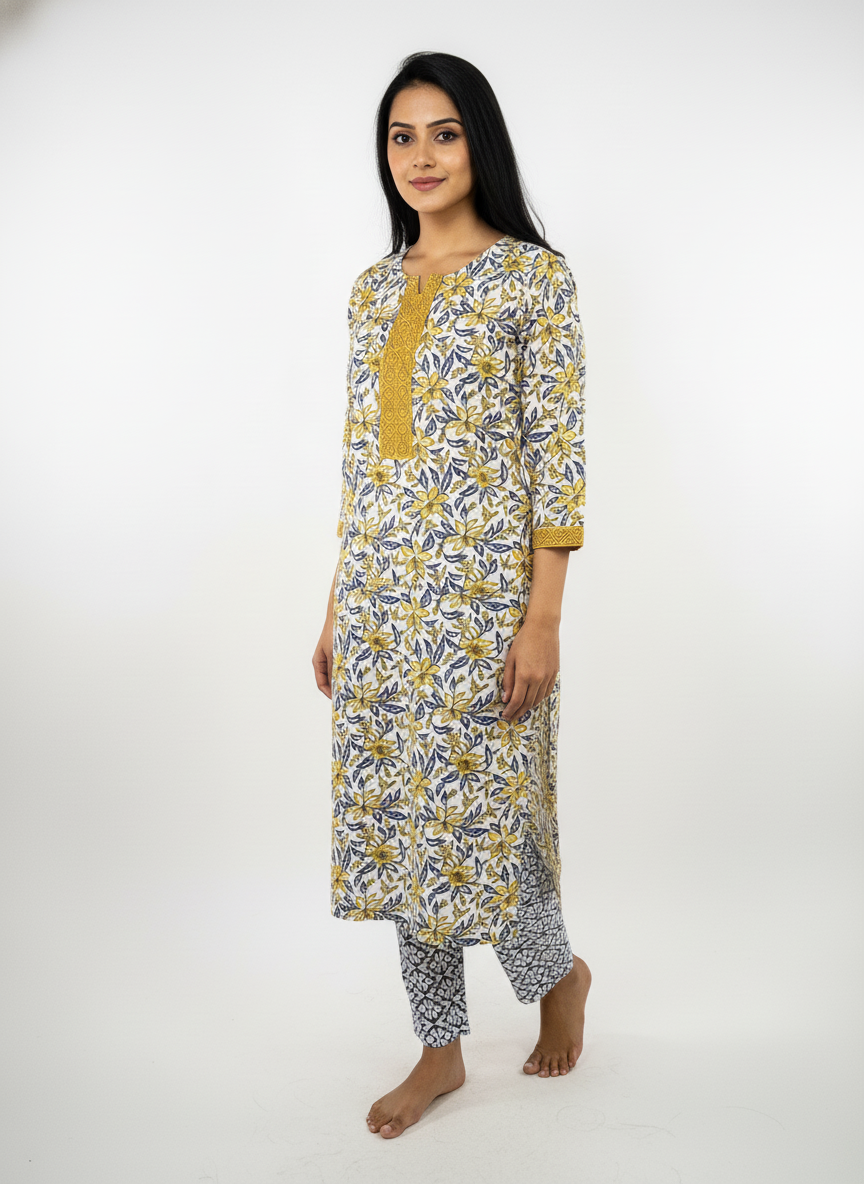 Long Cotton Kurti & Pant 2-Piece Set – Yellow & White