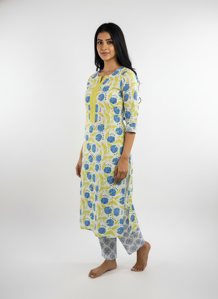 Long Cotton Kurti & Pant 2-Piece Set – Multi Color
