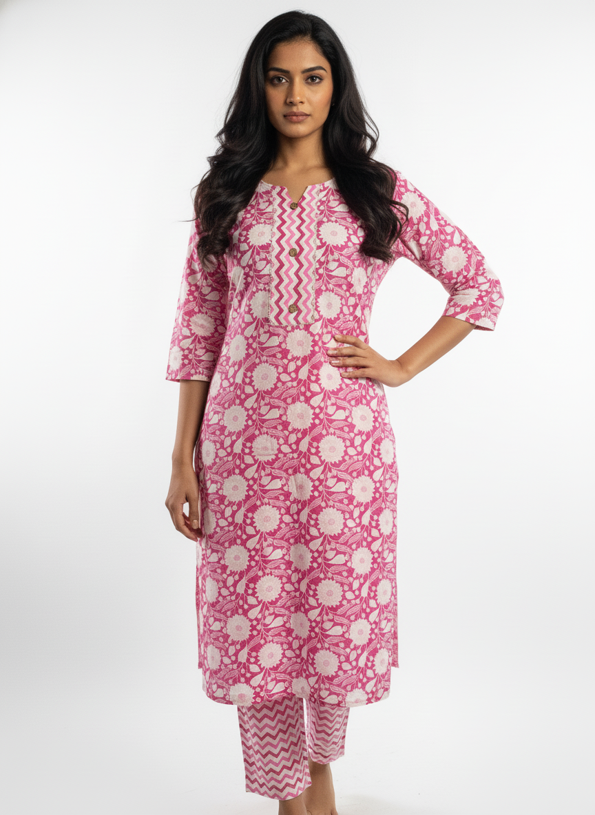 Long Cotton Kurti & Pant 2-Piece Set – Floral Pink