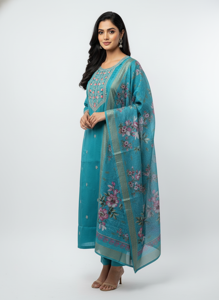 Women’s Teal Blue Embroidered Kurta Set with Printed Dupatta | Elegant Festive & Casual Wear Suit Set