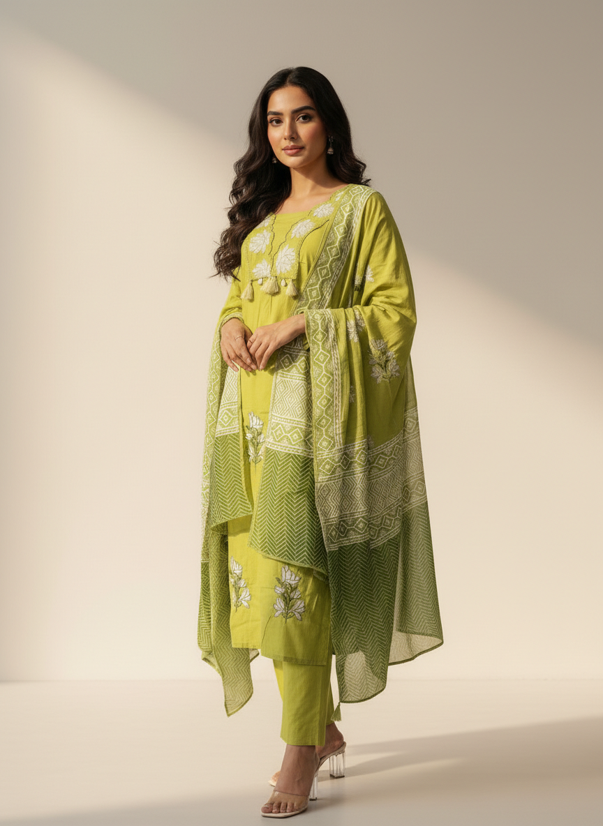 Women’s Pure Cotton Green Embroidered Kurta Pant Dupatta Set | Floral Hand Embroidery | Ethnic Wear