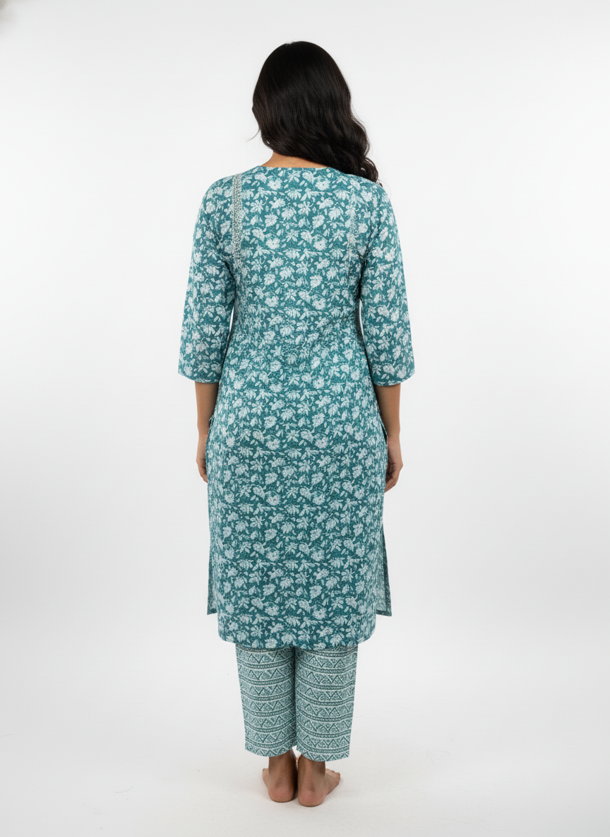 Long Cotton Kurti & Pant 2-Piece Set – Blue Color