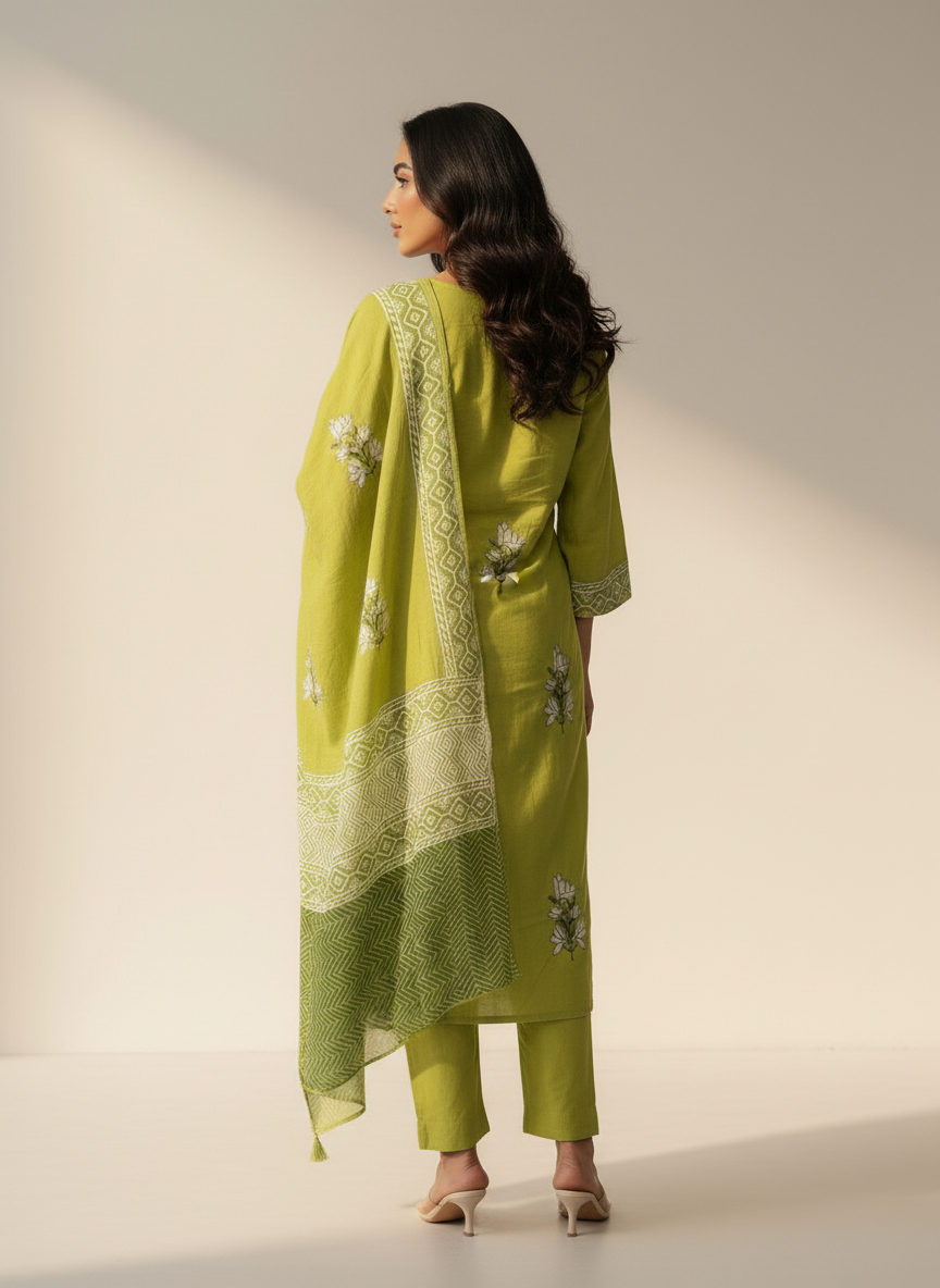 Women’s Pure Cotton Green Embroidered Kurta Pant Dupatta Set | Floral Hand Embroidery | Ethnic Wear
