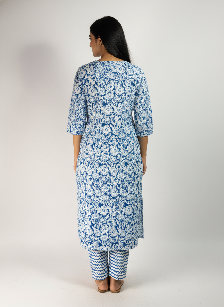 Long Cotton Kurti & Pant 2-Piece Set – Blue Color