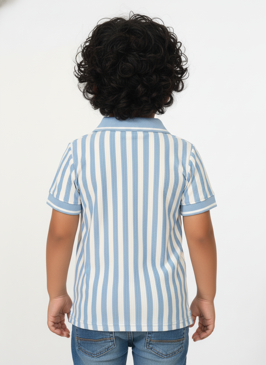 Kids Blue & White Striped Hosiery Cotton Polo T-Shirt