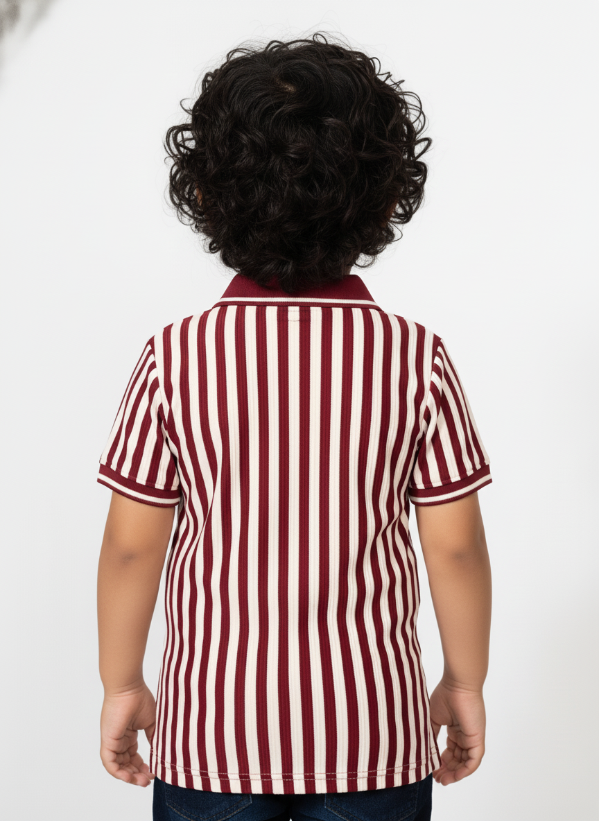 Kids Maroon & White Striped Hosiery Cotton Polo T-Shirt