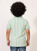 Kids Green & White Striped Hosiery Cotton Polo T-Shirt