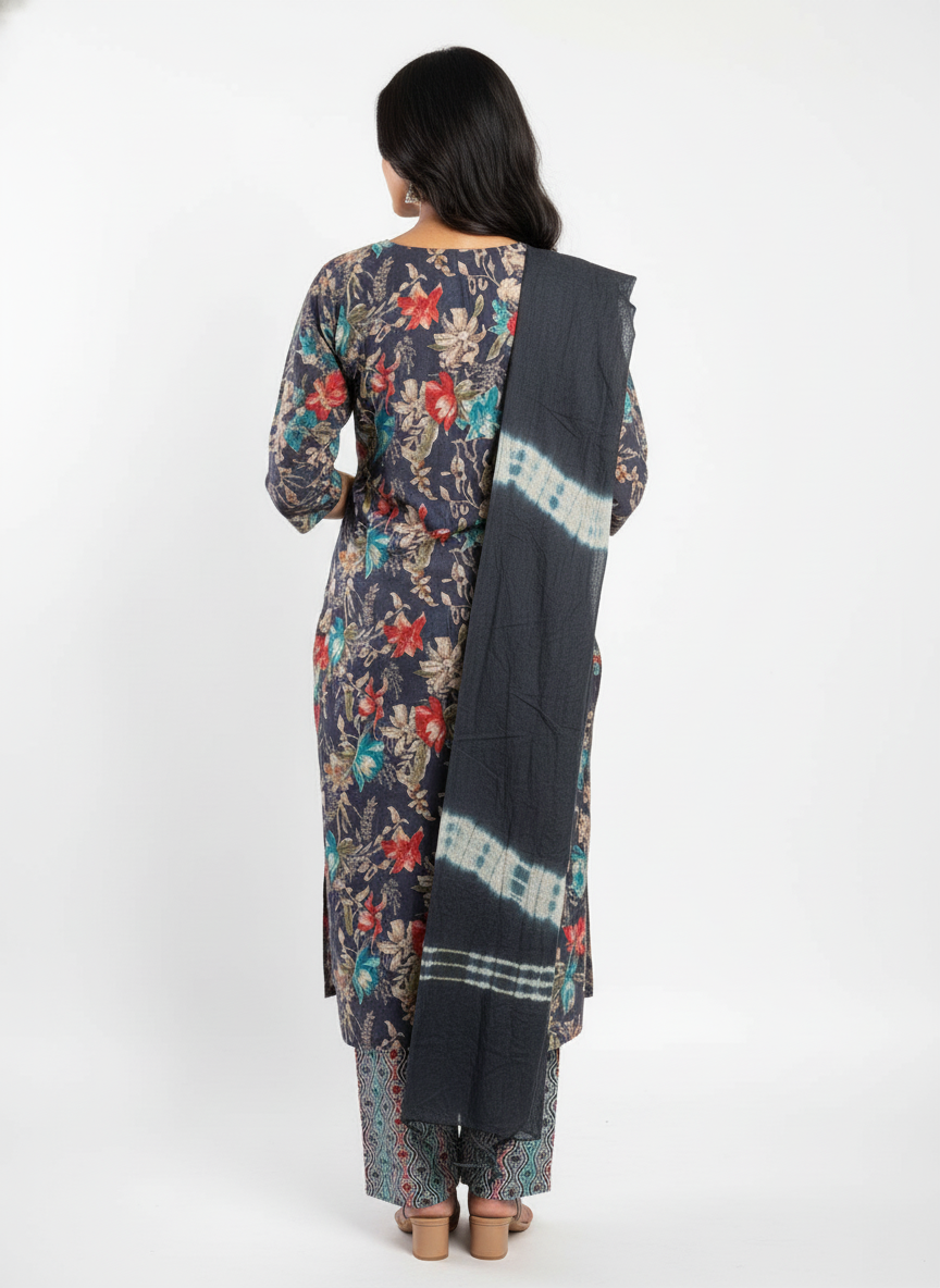 Women’s Floral Printed Kurta Pant Set with Dupatta | Navy Blue Ethnic Suit Set