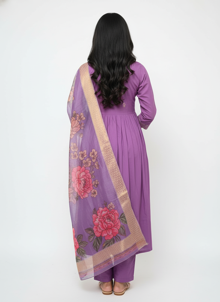 Lavender Purple Embroidered Kurta Pant Set with Floral Dupatta for Women