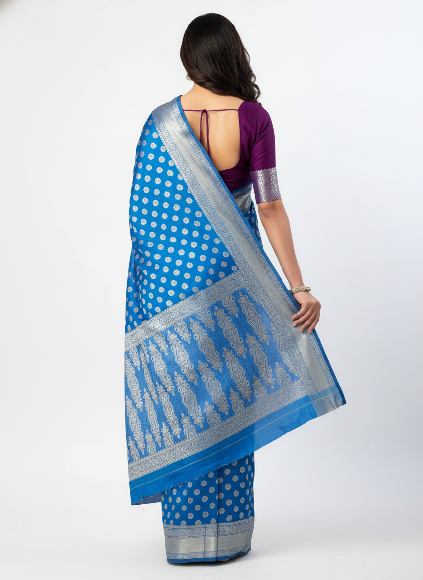 Royal Blue Woven Silk Blend Saree with Silver Polka & Paisley Border