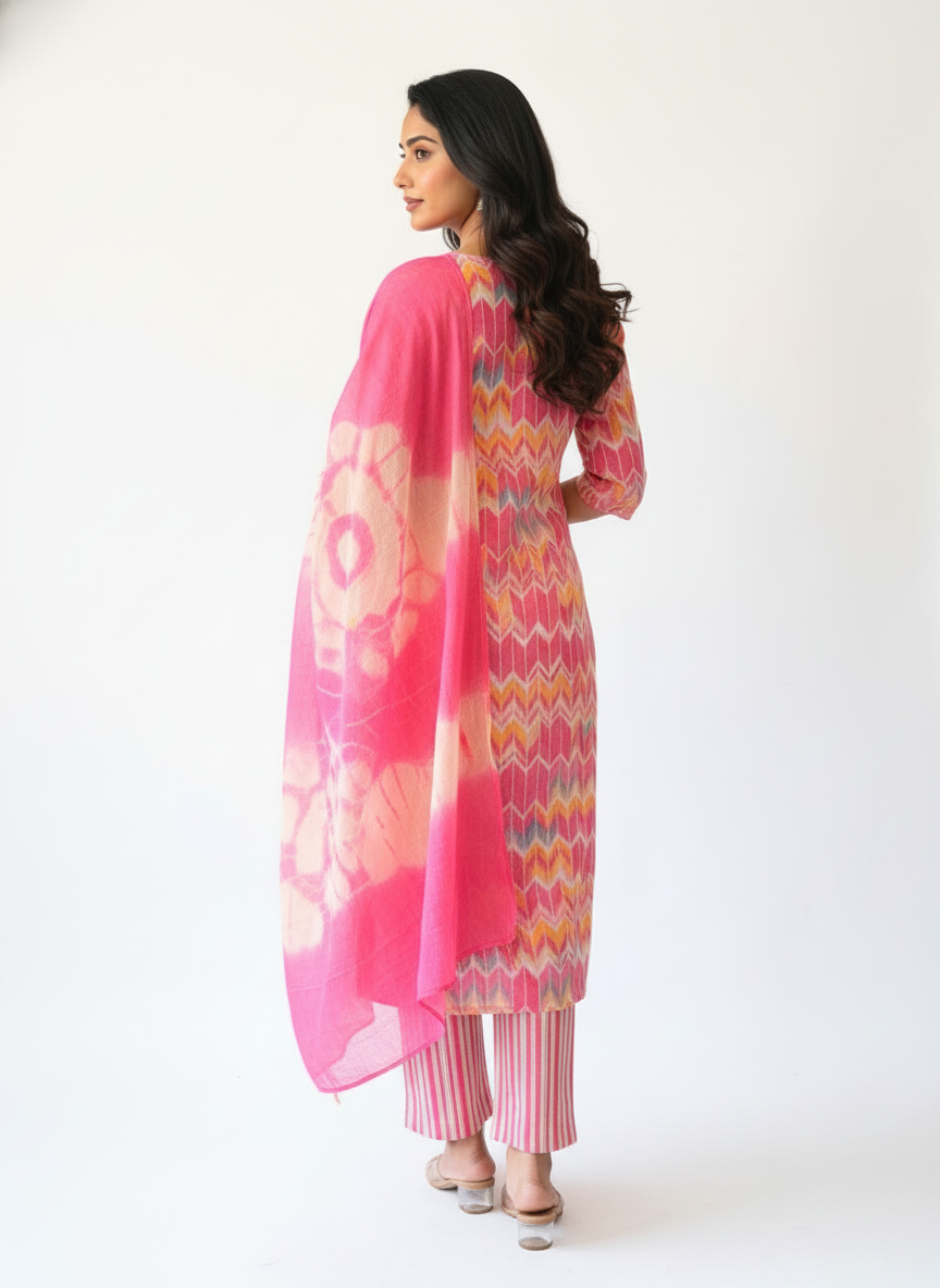Pink Multicolor Printed Kurta Pant Set with Dupatta for Women