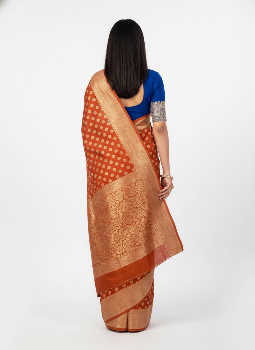 Rust Red & Gold Polka Dot Banarasi Style Silk Saree with Blouse