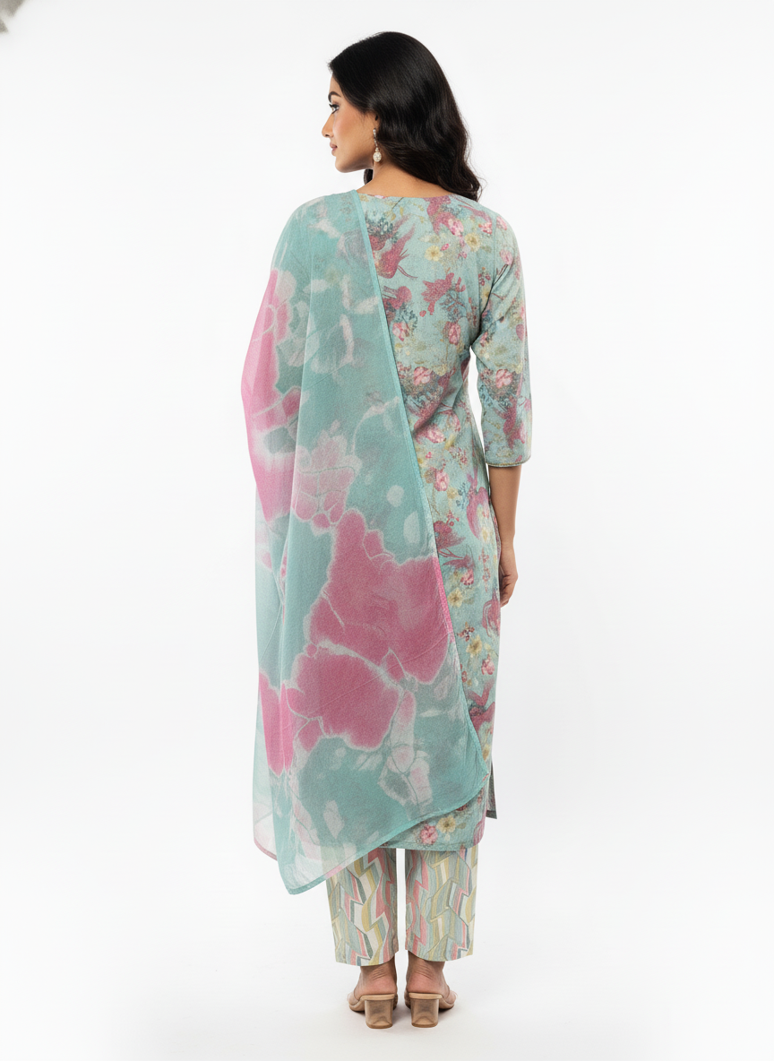 Women’s Floral Printed Straight Kurta with Matching Dupatta & Pant – Soft Pastel Green & Pink – Comfortable Daily Wear Suit Set