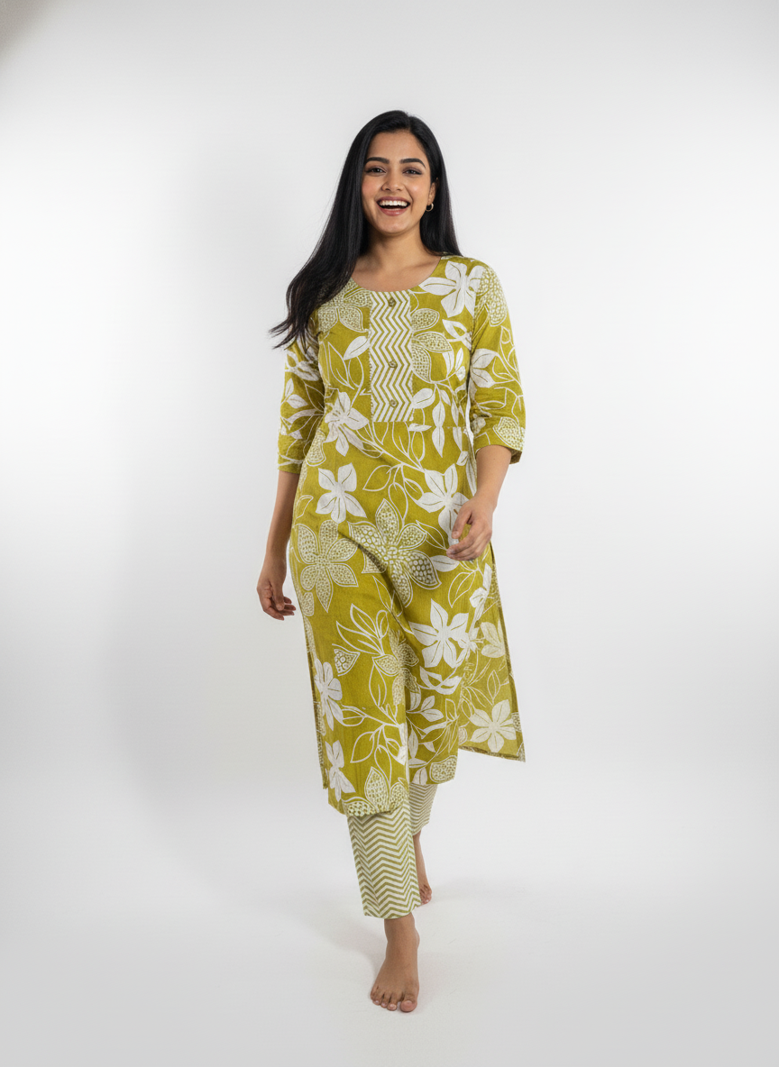 Long Cotton Kurti & Pant 2-Piece Set – Mehndi Color