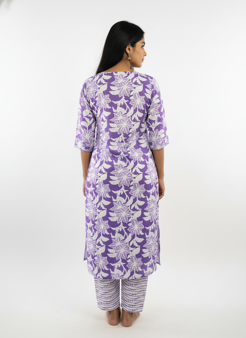 Long Cotton Kurti & Pant 2-Piece Set – Purple Light
