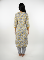 Long Cotton Kurti & Pant 2-Piece Set – Yellow & White